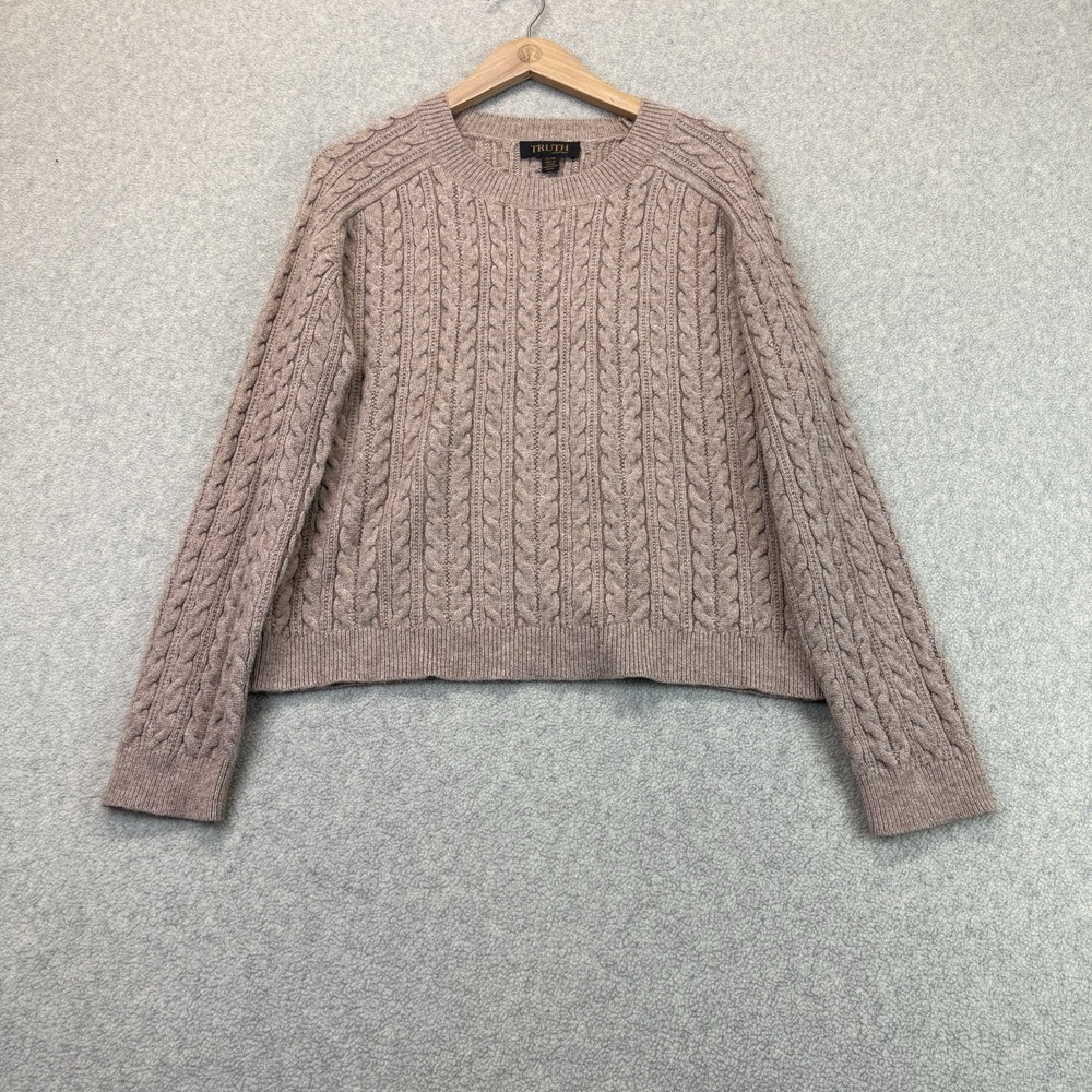 Truth by Republic Women's XS Taupe Cable Knit Crewneck Pullover Sweater